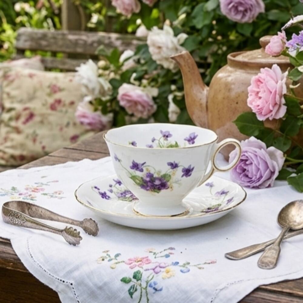 Vintage Radfords Crown China Teacup Saucer Set Purple Violets Gold Trim England